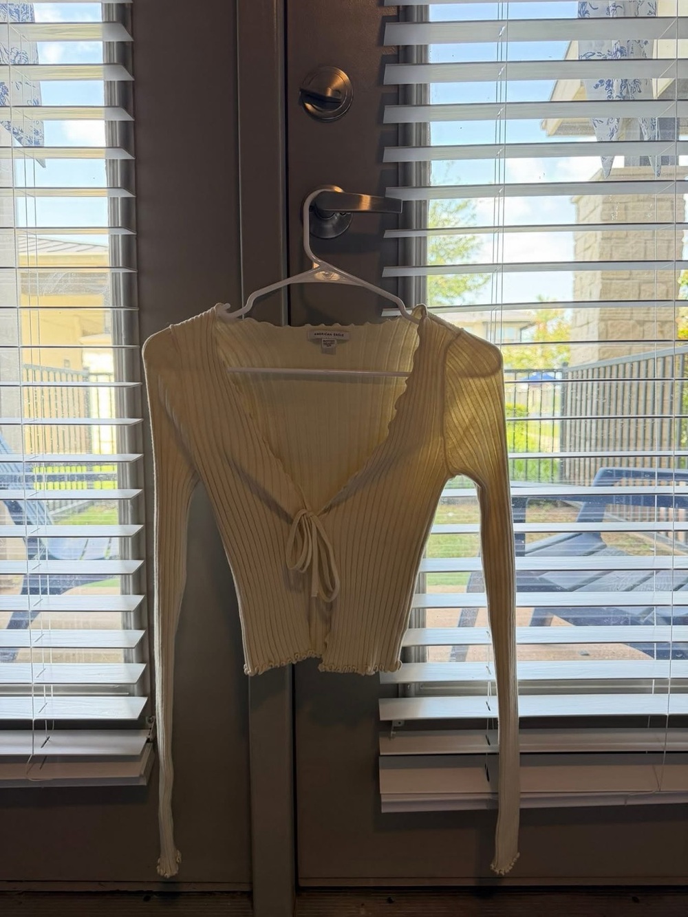 American Eagle Cream Ribbed Tie-Front Sweater With Bell Sleeves